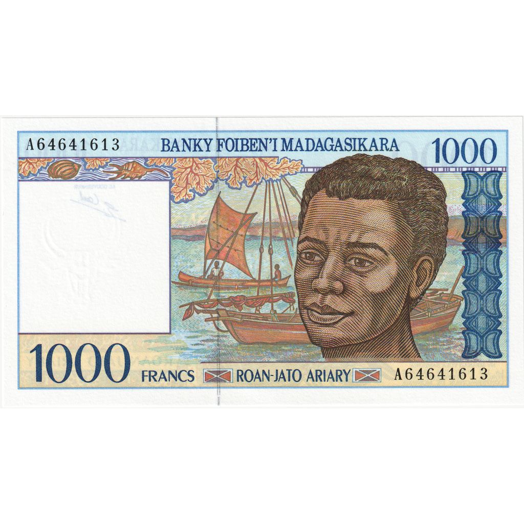 Madagaskar,
1000 frankov = 200 ariarjev,
UNC (65-70)
