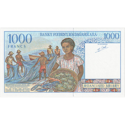 Madagaskar,
1000 frankov = 200 ariarjev,
UNC (65-70)