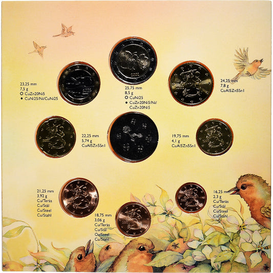 Finska,
Komplet 1 ct. - 2 evra + žeton,
Ensimmäiset rabani