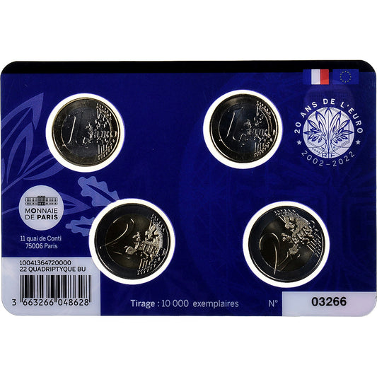Francija,
1€ in 2€ x 2,
20 Ans de l'Euro